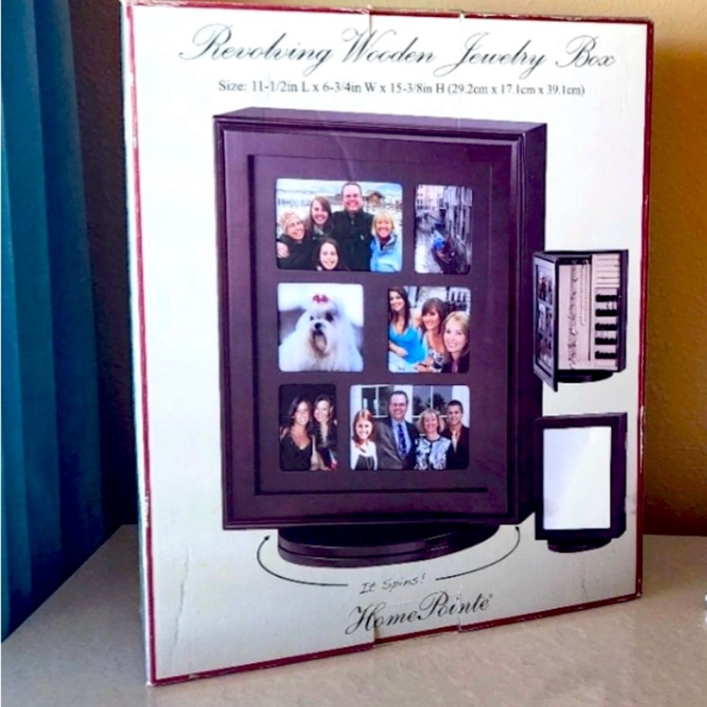 NWOT Revolving Wooden Jewelry Box with picture frames and mirror on each side